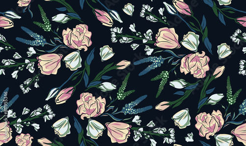 Delicate roses on navy background. white and pink flowers with lives. Seamless pattern. 