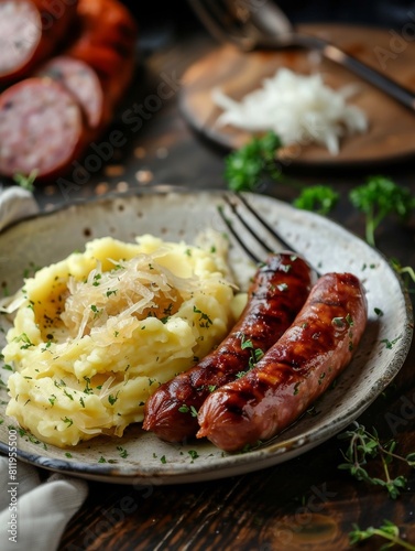 Dutch stamppot, mashed potatoes with sauerkraut and smoked sausage, served on a plate. A hearty and traditional dish from the Netherlands. photo