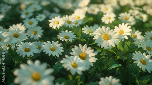 A large field of white daisies  with the petals and yellow center flower heads creating an abundant effect.  