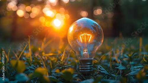 Glowing Light Bulb Amid Sunset Meadow Symbolizes Energy Conservation and Emission Reduction