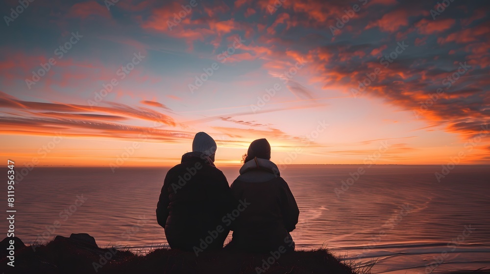 An elderly couple sitting on the edge overlooking the sea, watching the sunset, a beautiful sky with hues of orange and pink, creating a serene atmosphere.
