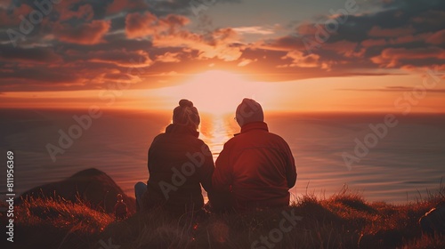 An elderly couple sitting on the edge overlooking the sea, watching the sunset, a beautiful sky with hues of orange and pink, creating a serene atmosphere. 