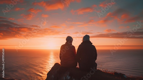 An elderly couple sitting on the edge overlooking the sea  watching the sunset  a beautiful sky with hues of orange and pink  creating a serene atmosphere. 