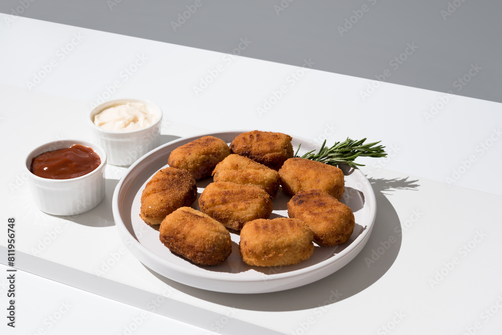 Plato de croquetas fritas con salsa de tomate y mayonesa aperitivo sobre fondo gris y blanco Plato de croquetas fritas con salsa de tomate y mayonesa aperitivo sobre fondo gris y blanco