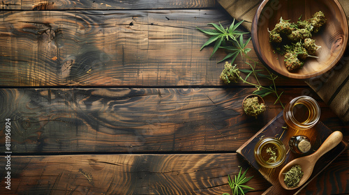 Cannabis buds and CBD oil in a glass jar lying on the wooden floor photo