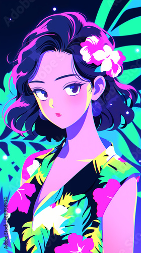 Hand drawn cartoon illustration of cute beautiful girl in summer 