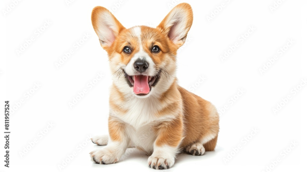 cute puppy with a tongue sticking out. The puppy is sitting on a white background. The puppy has a happy expression on its face