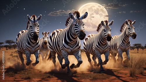 zebras running across the savanna at night with moon