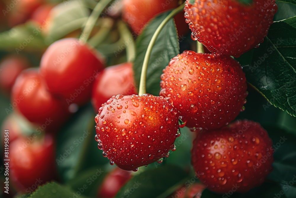 Red and sweet cherries on a branch just before harvest in early summer