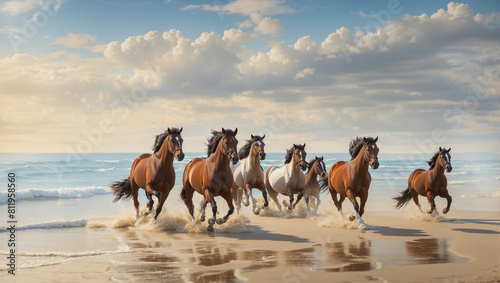 horses are running on a beach