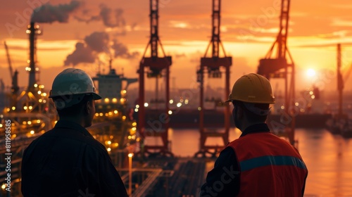 Two engineers in hard hats looking out at a busy shipping port at sunset.Water transportation industry, logistics, cruise ship production, transport ship production, fisheries