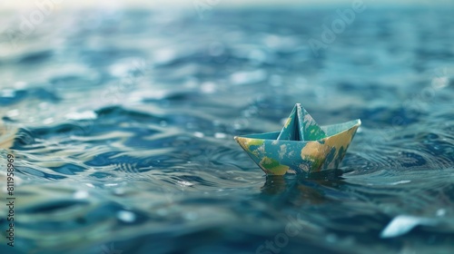 A paper boat representing Earth sails on the vast ocean embodying themes of faith and religion photo