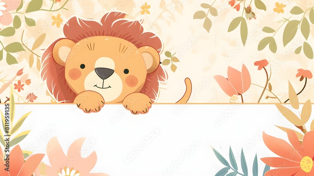 Fototapeta premium Playful Lion Cub Peeking Through Lush Spring Foliage in Natural Wildlife Habitat
