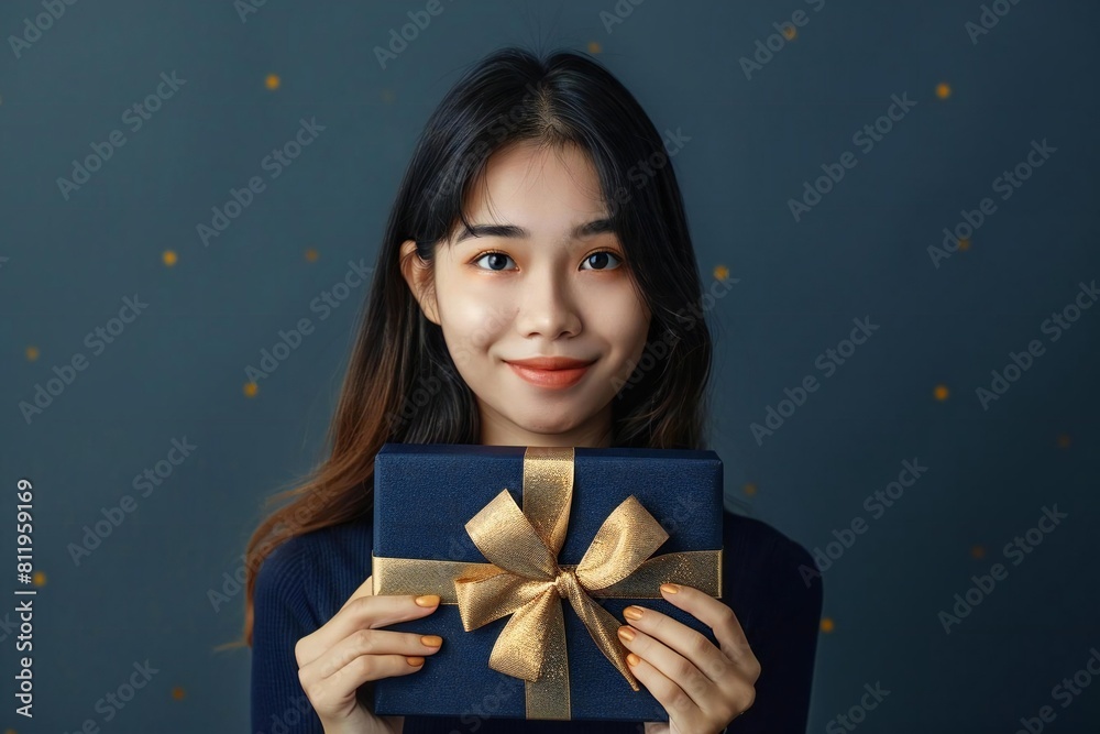 Stylish young Asian woman holding a dark blue gift box with a gold ribbon on a festive background Stylish young Asian woman holding a dark blue gift box with a gold ribbon on a festive background