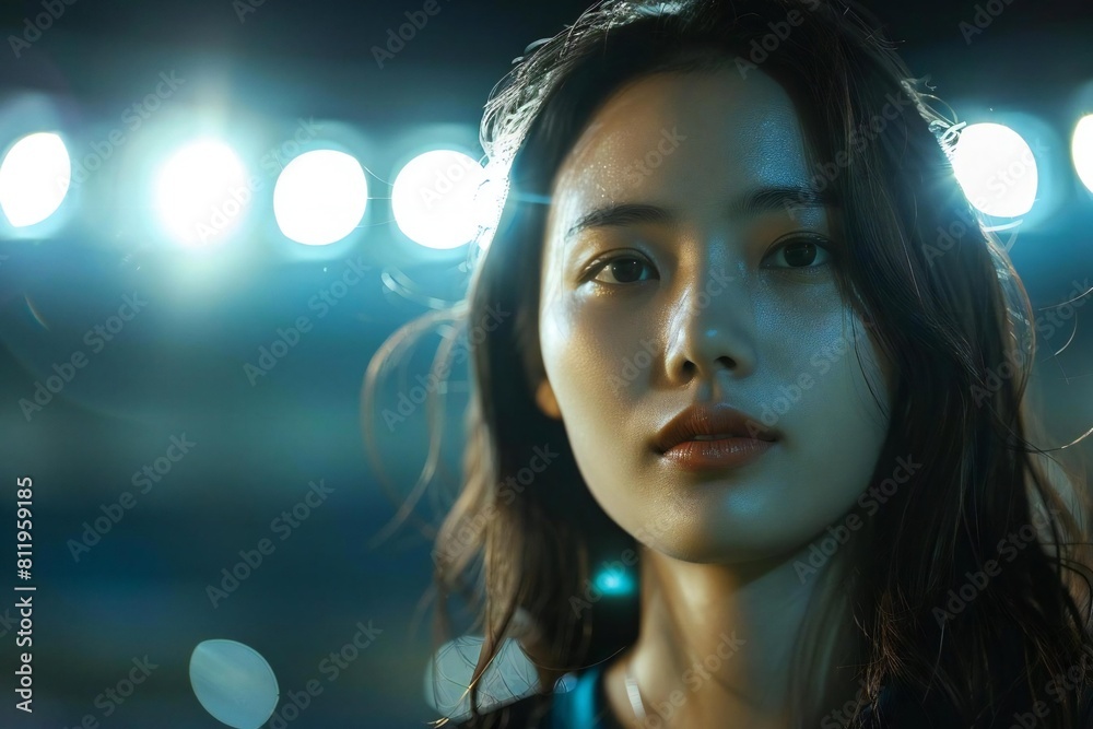 Young Asian Woman Shines under Vibrant Stadium Lights during Soccer Match Young Asian Woman Shines under Vibrant Stadium Lights during Soccer Match