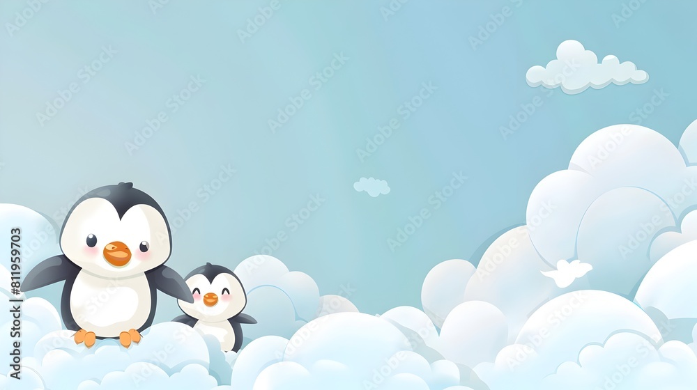 Obraz premium Pair of Cute Cartoon Penguin Chicks in Snowy Arctic Landscape