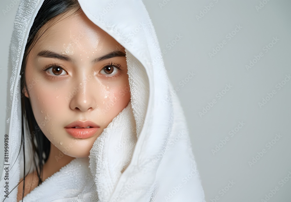 Beauty portrait skin care concept | Beautiful Asian woman with water drops on her face, wrapped Beauty portrait skin care concept | Beautiful Asian woman with water drops on her face, wrapped