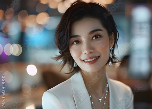 Beautiful woman  wearing white professional attire and silver earrings with a diamond necklace around her neck smiling in the luxurious restaurant background
