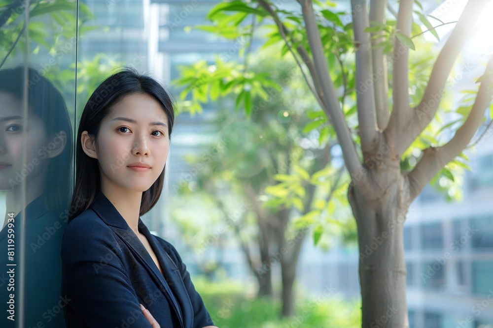 Young Asian Woman Posing in Modern Eco-Friendly Glass Office Building with Tree in Urban Setting Young Asian Woman Posing in Modern Eco-Friendly Glass Office Building with Tree in Urban Setting