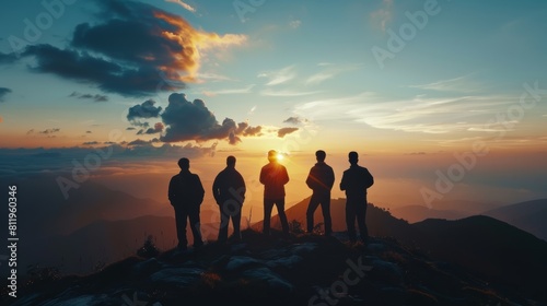 Silhouette of business team stand and feel happy on the most hight at stand on sunset, success, leader, teamwork, target, Aim, confident, achievement, goal, on plan, finish, generate by AI. photo