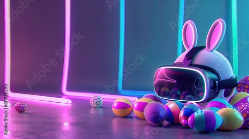 Na obrazie jest króliczek noszący zestaw słuchawkowy wirtualnej rzeczywistości karlito na tle neonowego tła