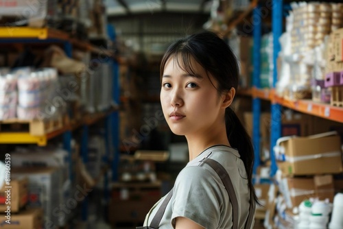Young Asian Woman Working in a Busy Retail Warehouse Full of Stock and Equipment