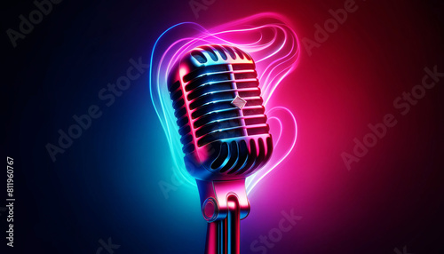 a vintage microphone with a sleek design, illuminated by neon lights in hues of pink and blue