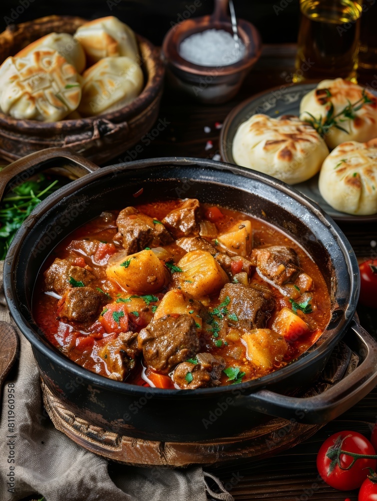 Hungarian goulash in a rustic stew pot, served with a side of fluffy dumplings. A hearty and comforting dish from Hungary. Hungarian goulash in a rustic stew pot, served with a side of fluffy dumplings. A hearty and comforting dish from Hungary.
