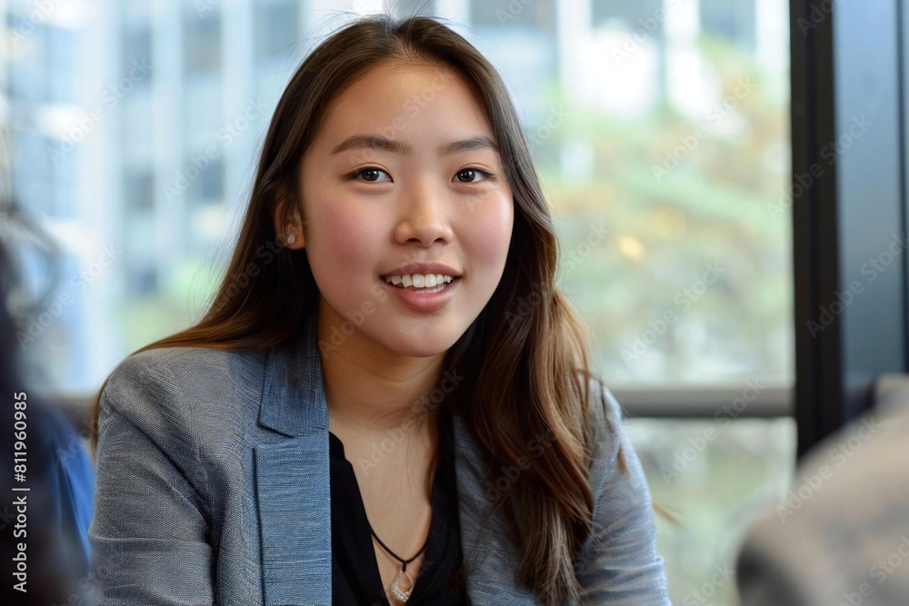 Young Asian woman being interviewed for a managerial position in a professional office setting. Young Asian woman being interviewed for a managerial position in a professional office setting.