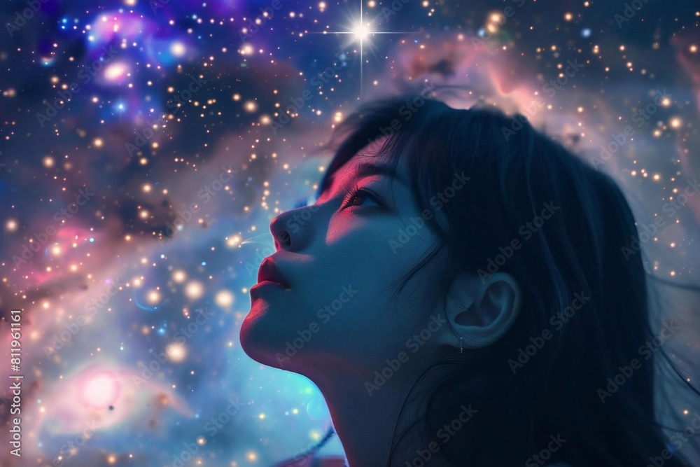 Young Asian Woman Gazing at the Mystical Cosmic Nebula in the Starry Night Sky Young Asian Woman Gazing at the Mystical Cosmic Nebula in the Starry Night Sky