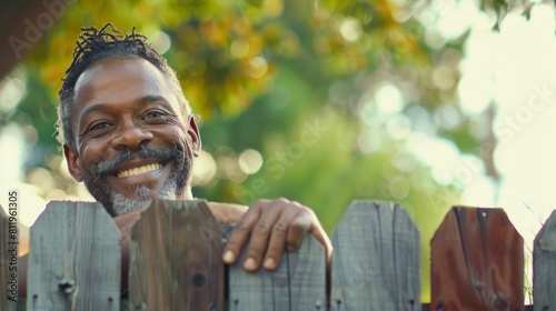 Happy african american man in looking out behind the wooden fence