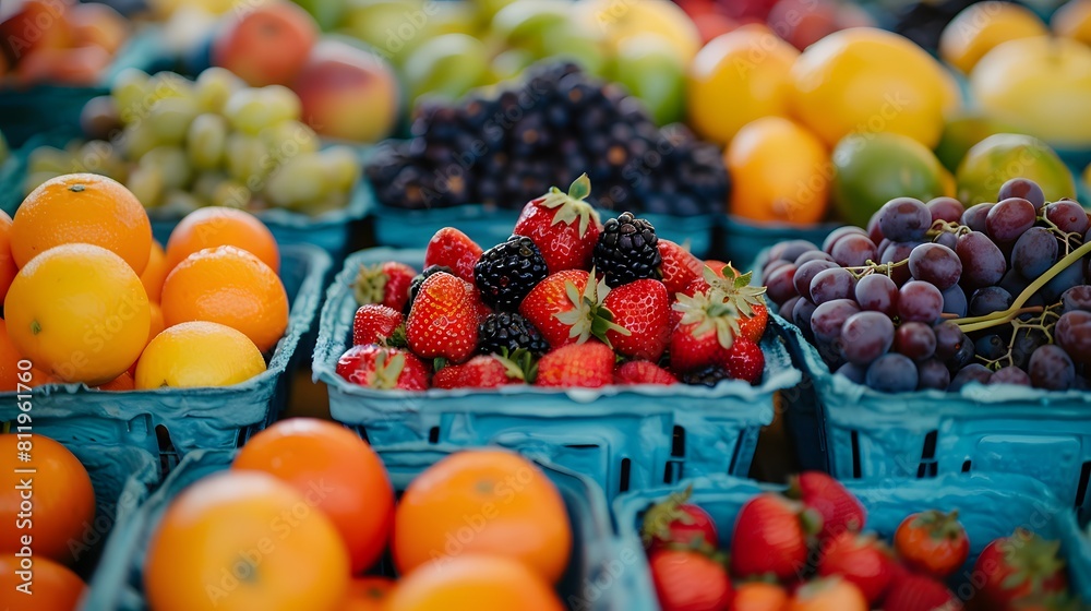 Colorful fruit at the farmers market, with an assortment of strawberries and blackberries in blue baskets, surrounded by other fruits like oranges, limes, grapes, and apples.
