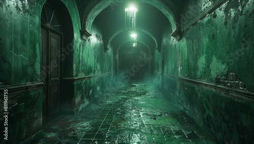 Eerie Dark Hallway with Peeling Teal Paint  Perfect Abandoned Hospital Setting
