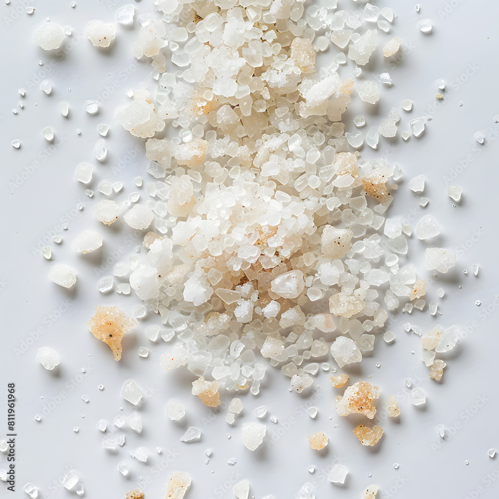 White salt on white surface, macro photography, top view White salt on white surface, macro photography, top view