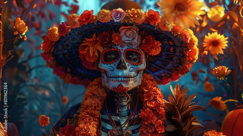 Szkielet ubrany w sombrero stoi wśród pięknych kwiatów, symbolizując święto Día de los Muertos