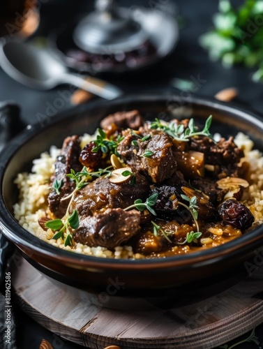 Traditional Moroccan tagine with lamb, prunes, and almonds, garnished with fresh herbs. A flavorful North African dish cooked in a distinctive earthenware pot.
