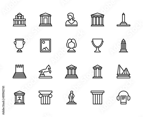 Museum vector linear icons set. Museum icons of exhibition, antiquities, paintings, audio guide and more.