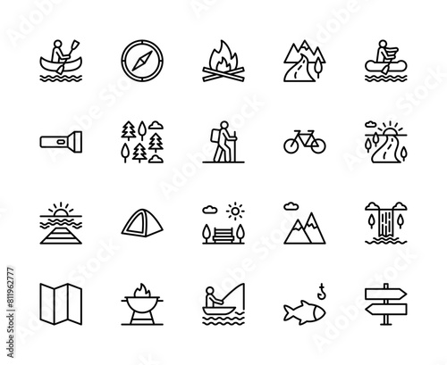 Outdoor travel vector linear icons set. Contains such outdoor travel icons as rafting, river, kayak, compass and more.