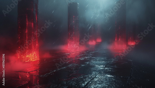 Spooky Ground Fog with Mysterious Black Square and Red Illumination