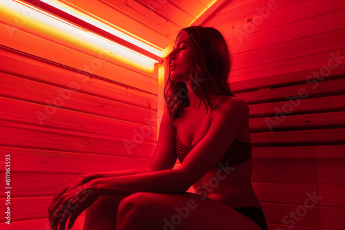 Young woman sits contemplatively in a warm glow, enjoying a peaceful moment in the therapeutic environment of an infrared sauna photo