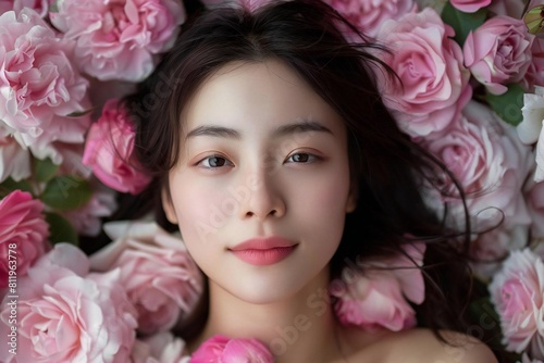 Young Asian Woman Surrounded by Pink Roses and Spring Beauty