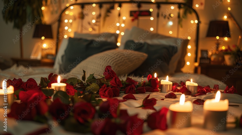 A romantic Valentine s Day evening awaits with a bed adorned with roses and flickering candles A romantic Valentine s Day evening awaits with a bed adorned with roses and flickering candles