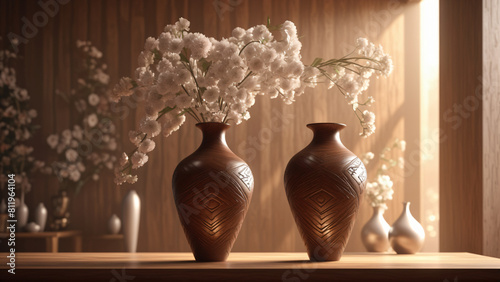 Pot de fleurs artisanaux en bois avec des motifs africains dans une pièces lumineuses avec de la lumières volumétriques entrant par les fenêtres. photo