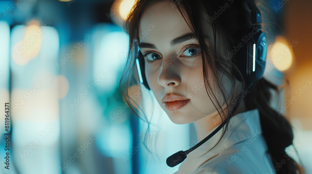 A young woman works in a call center. She answers calls. She helps people. She answers questions. Communication. A young woman works in a call center. She answers calls. She helps people. She answers questions. Communication.