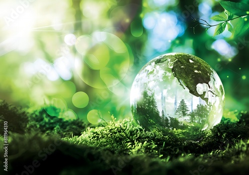 Translucent Earth Globe Resting on Moss-Covered Forest Floor  Reflecting Nature s Beauty - Environmental Care Concept 