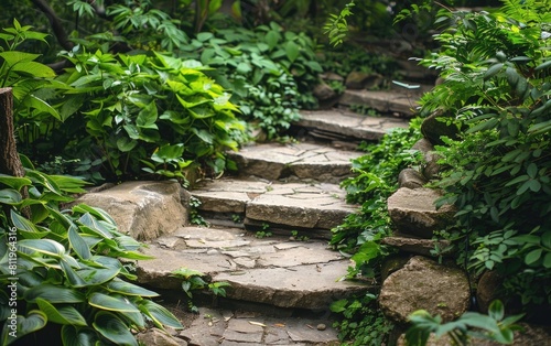 Verdant garden with lush greenery  winding stone path  and rustic stone steps.