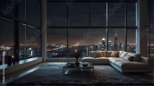 Interior of a modern building, A modern office room at night. photo