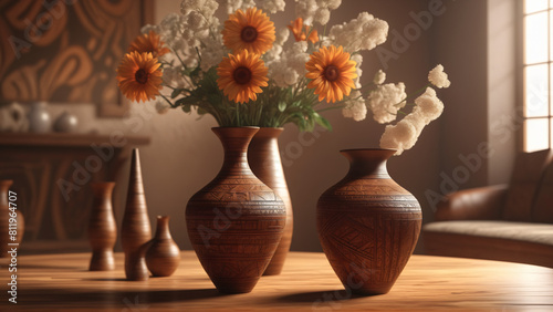 Pot de fleurs artisanaux en bois avec des motifs africains dans une pièces lumineuses avec de la lumières volumétriques entrant par les fenêtres. photo