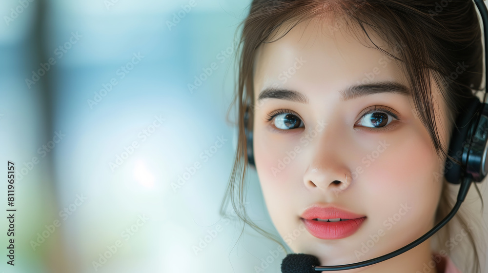A young woman works in a call center. She answers calls. She helps people. She answers questions. Communication. A young woman works in a call center. She answers calls. She helps people. She answers questions. Communication.