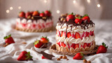 Gâteau à la fraise et aux chocolats avec des pépites d'amandes posés sur un lit dans un panier tressé en liane